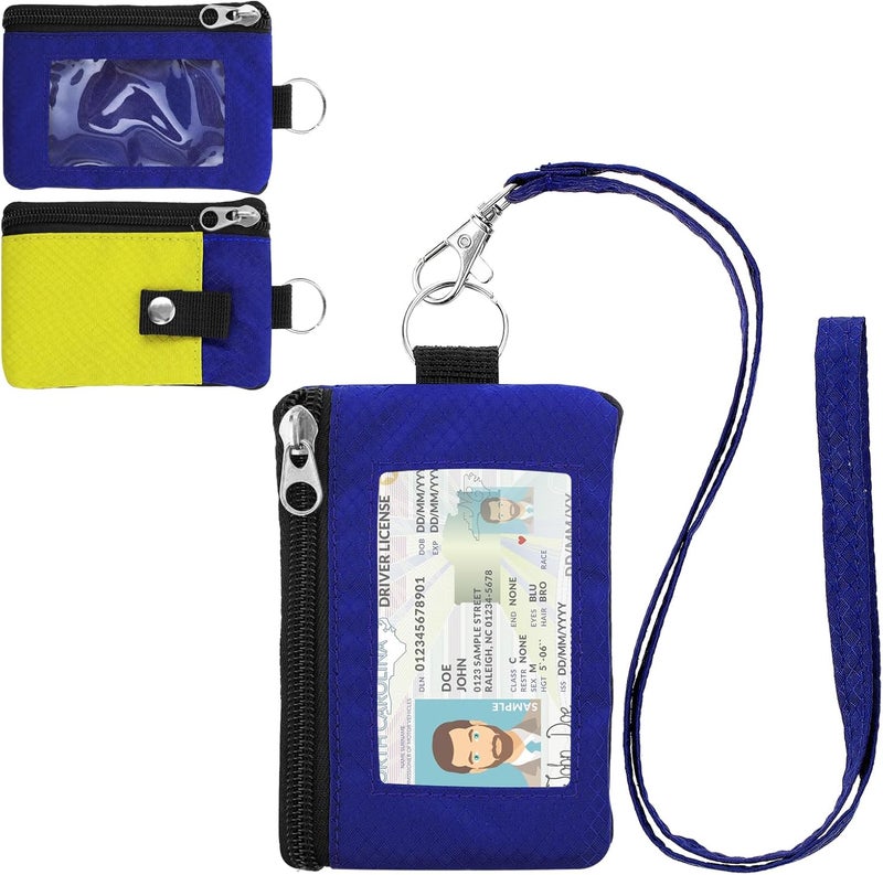 ZHOMA Minimalist RFID Wallet with Lanyard, Multi-functional ID Case with 2 Zipper Pockets and Key Chain for Men and Women, Tactical Badge Pouch Cards Holder, Coin Purse for Travel Sports - Yellow&Blue - Image 1